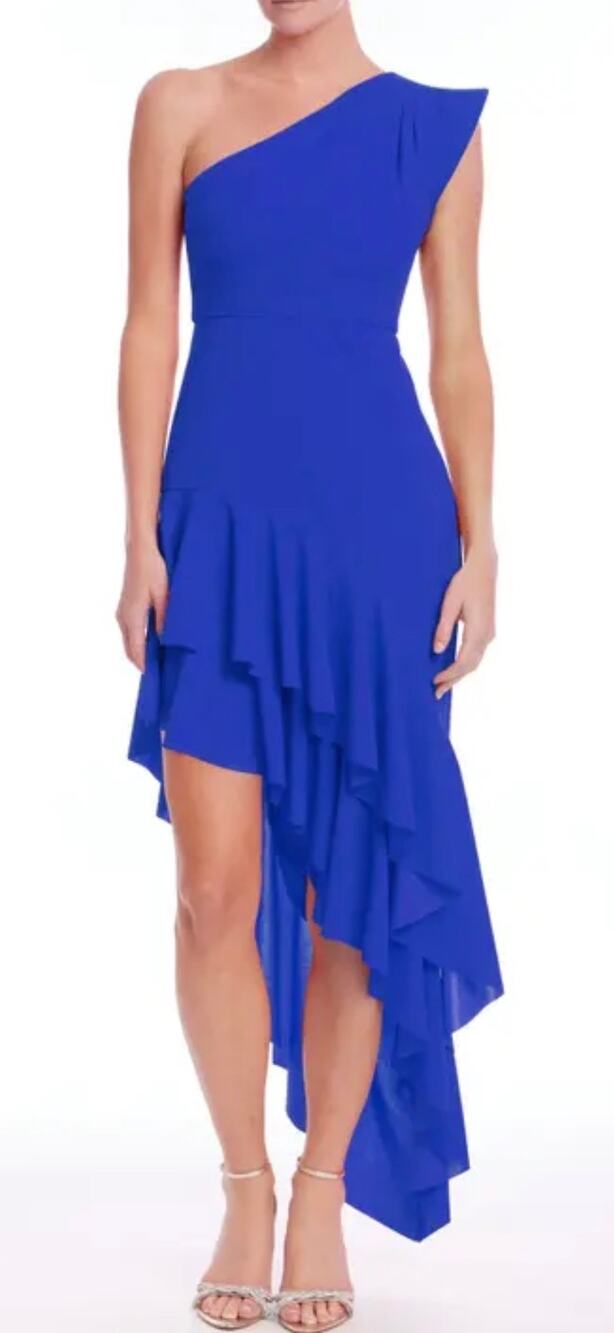 Jewel Badgley Mischka Blue Ruffle One Shoulder Asym Hem Cocktail Dress 4 NWT